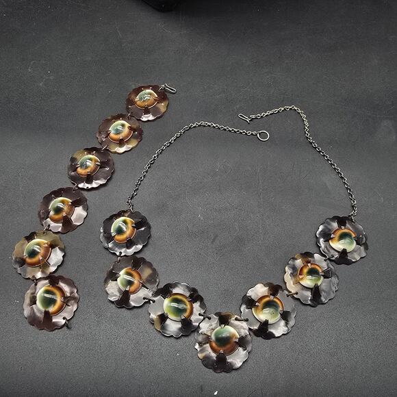 Vintage Operculum Cat Eye Shell Jewelry Set Necklace Bracelet Brown Green - Picture 12 of 12
